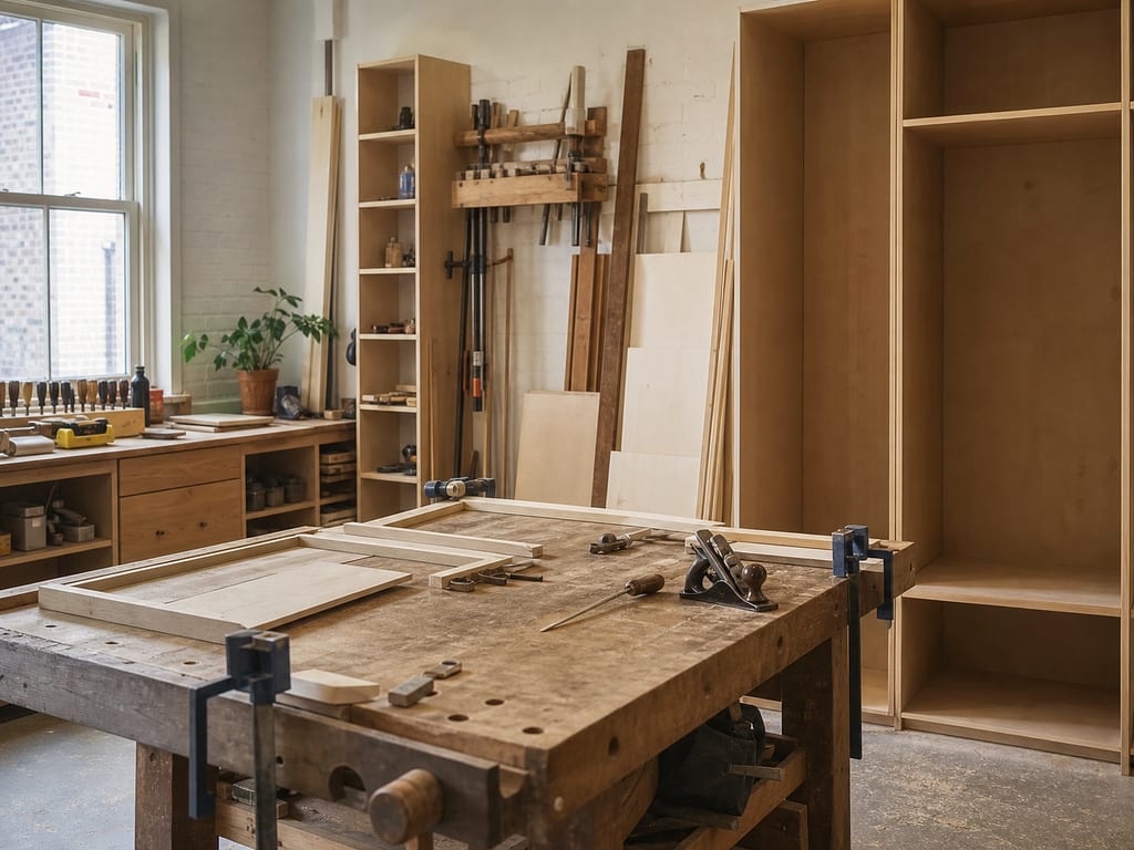 Small joinery workshop with timber boards, tools, a workbench and cabinet carcasses in progress