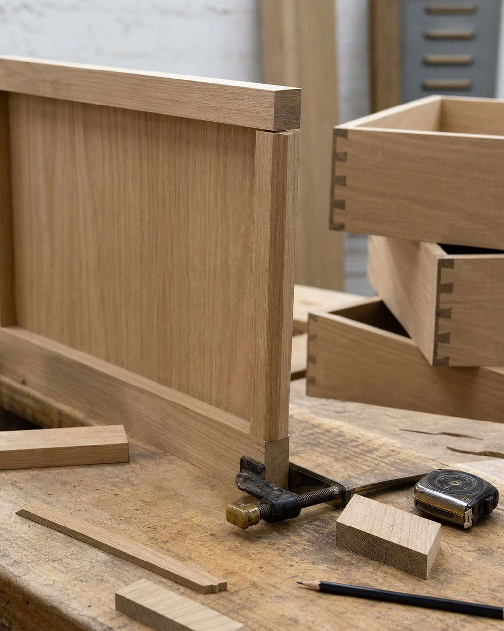 Close detail of timber cabinet joinery, clamps and drawer boxes on a workshop bench