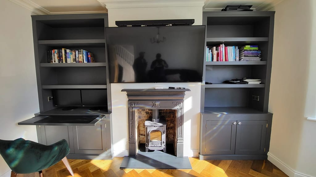 Pair of full-height alcove units with painted shaker doors, London