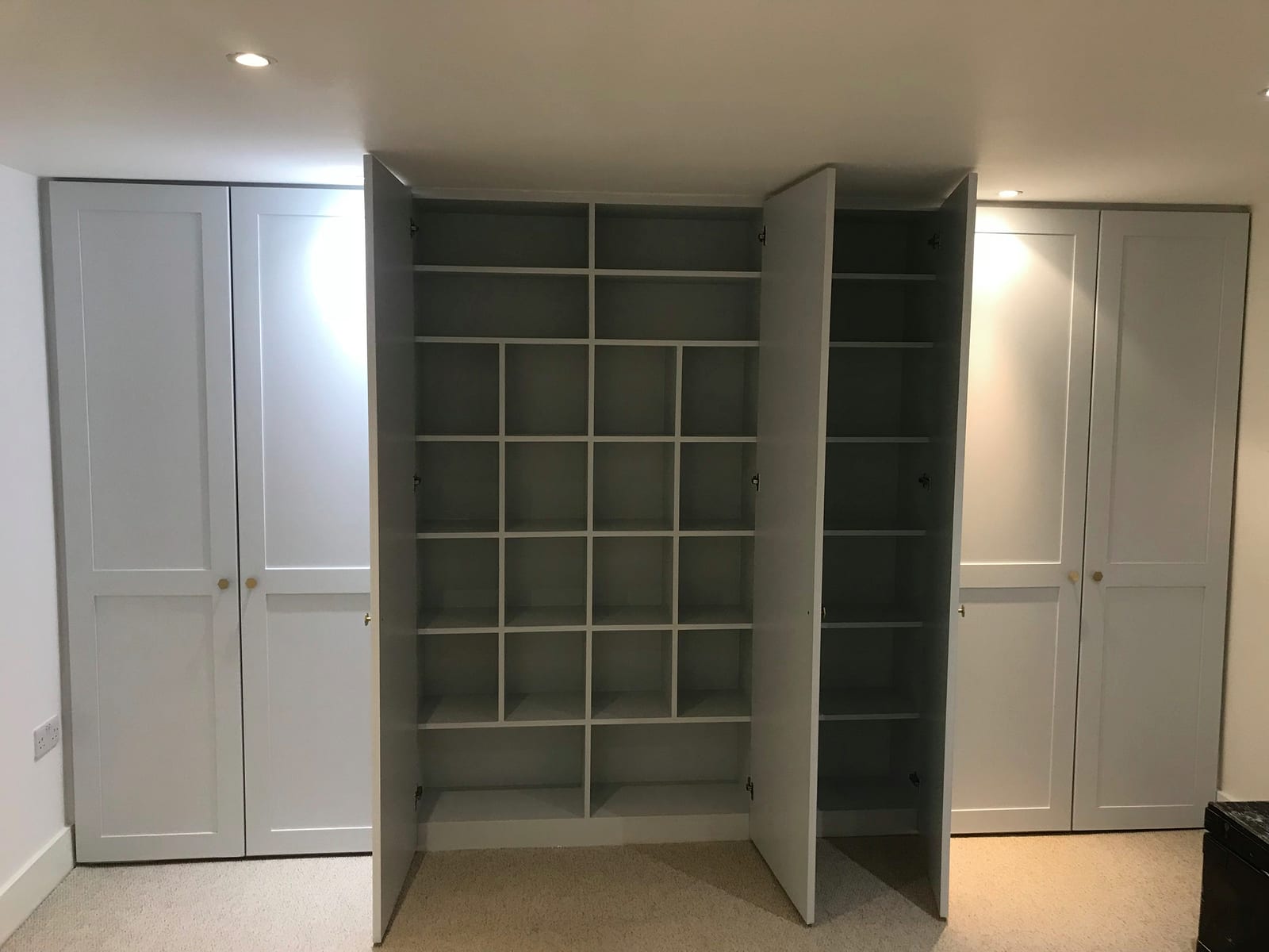Floor-to-ceiling shaker fitted wardrobe with soft-close drawers, master bedroom, Clapton E5